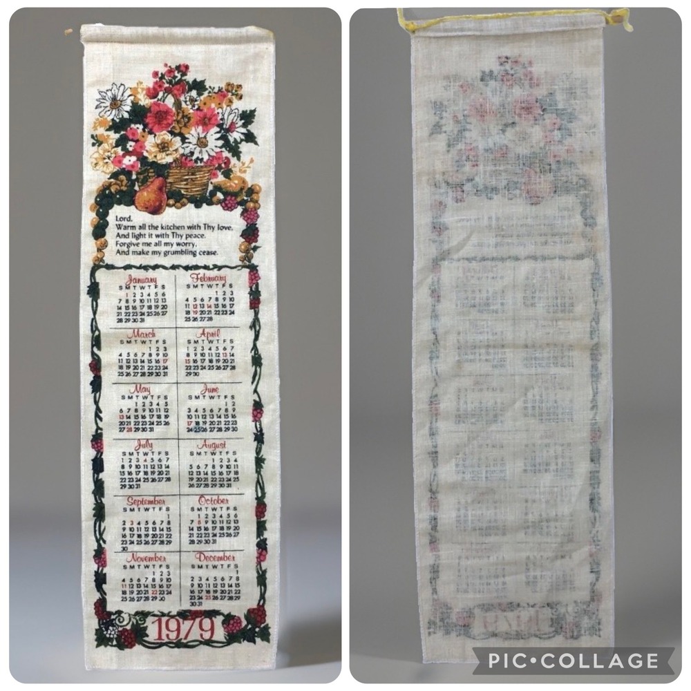 Vintage 1979 Linen Wall Calendar Floral Kitchen Prayer Hanging Tea Towel Retro